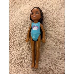 Barbie Chelsea Doll Brunette Long Hair Teal Molded Swimsuit Unicorn Puppy 2016